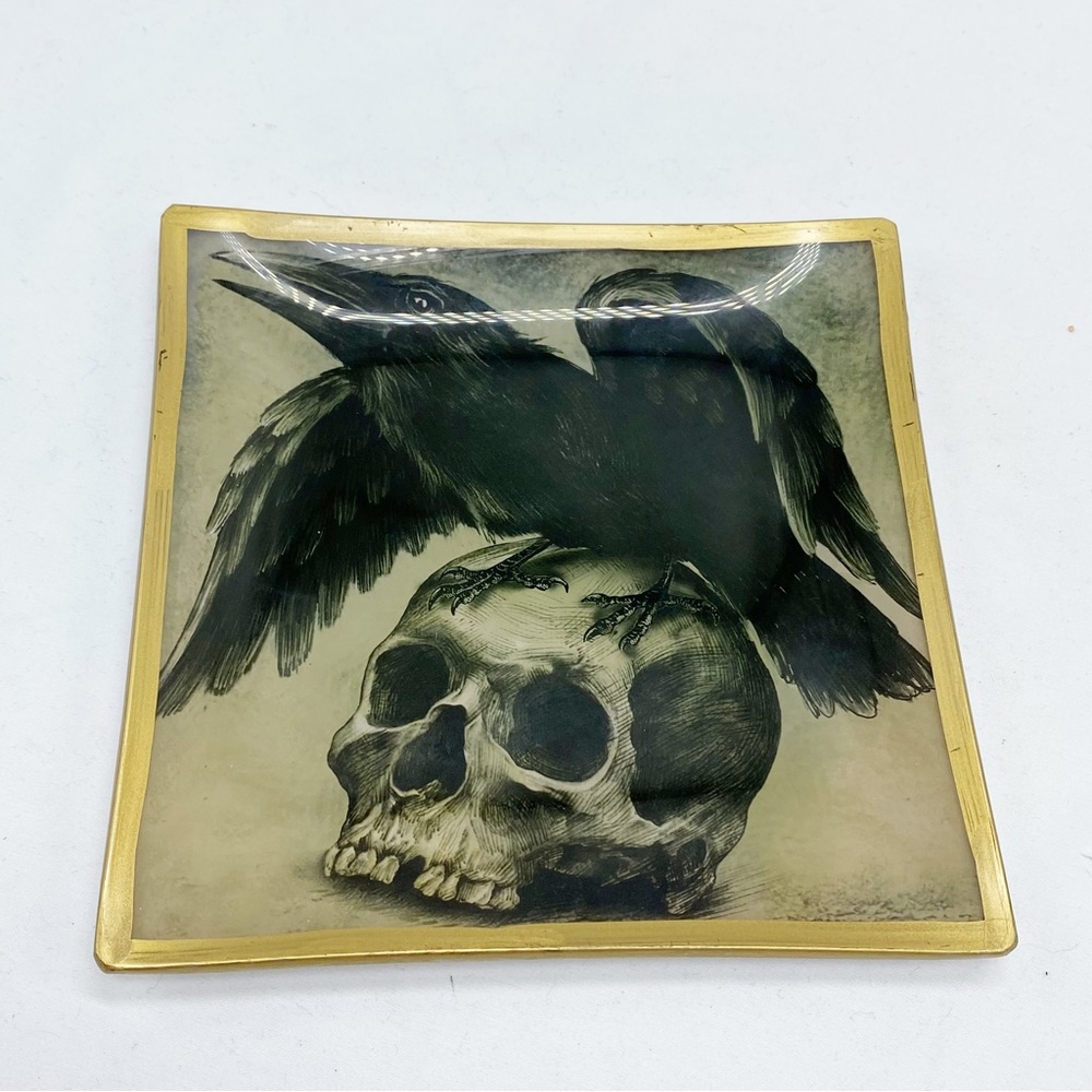 Black Raven and Skull Glass Plate Trinket Jewelry Dish NEW